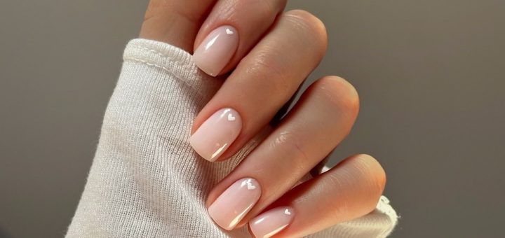 Молочные короткие ногти с бежевым подтоном и микросердечками у кутикулы
